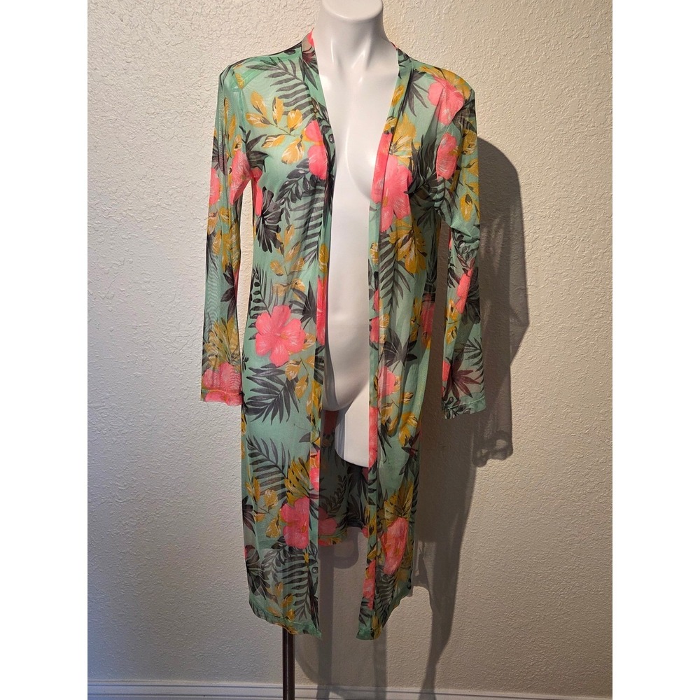 Love J Womens XL Tropical Floral Mesh Duster Cardigan Mint Pink sheer